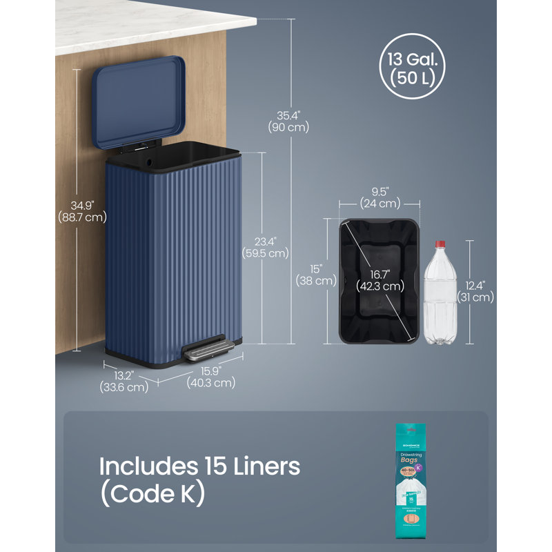 50L(13Gallon) Steel Pedal Kitchen Bin, Soft‑Close Lid, Removable Inner Bucket, 15 Rubbish Bags Included, Midnight Blue
