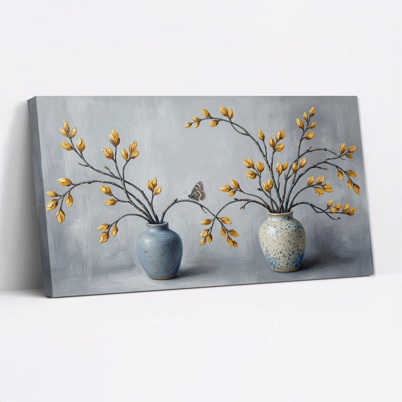 "Gold Leaf Branches and Butterfly in Blue and White Vases", art mural, 32“W x 16”H