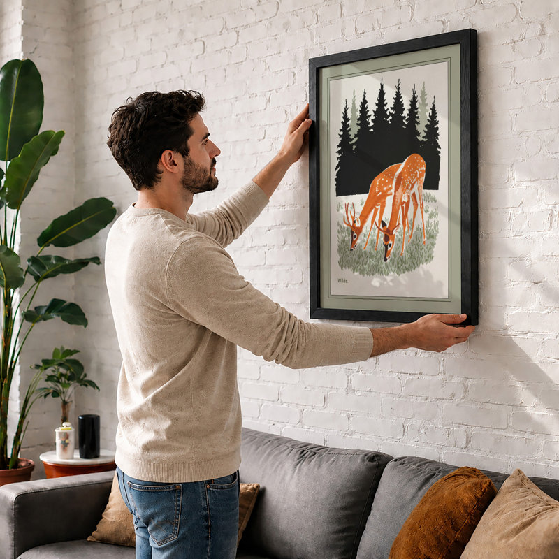 Grazing Deer in Meadow Rustic - Framed Print, A2 - 59.4 x 42.0 cm, Unframed