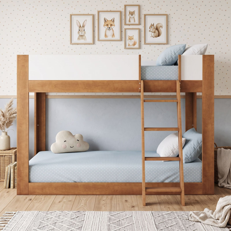 Lit superposé en bois avec échelle réversible et barrières de sécurité, Simple sur simple, Noyer