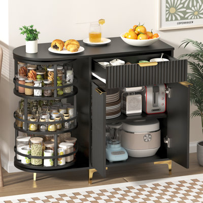 Buffet noir avec support à épices rotatif, tiroir et armoire