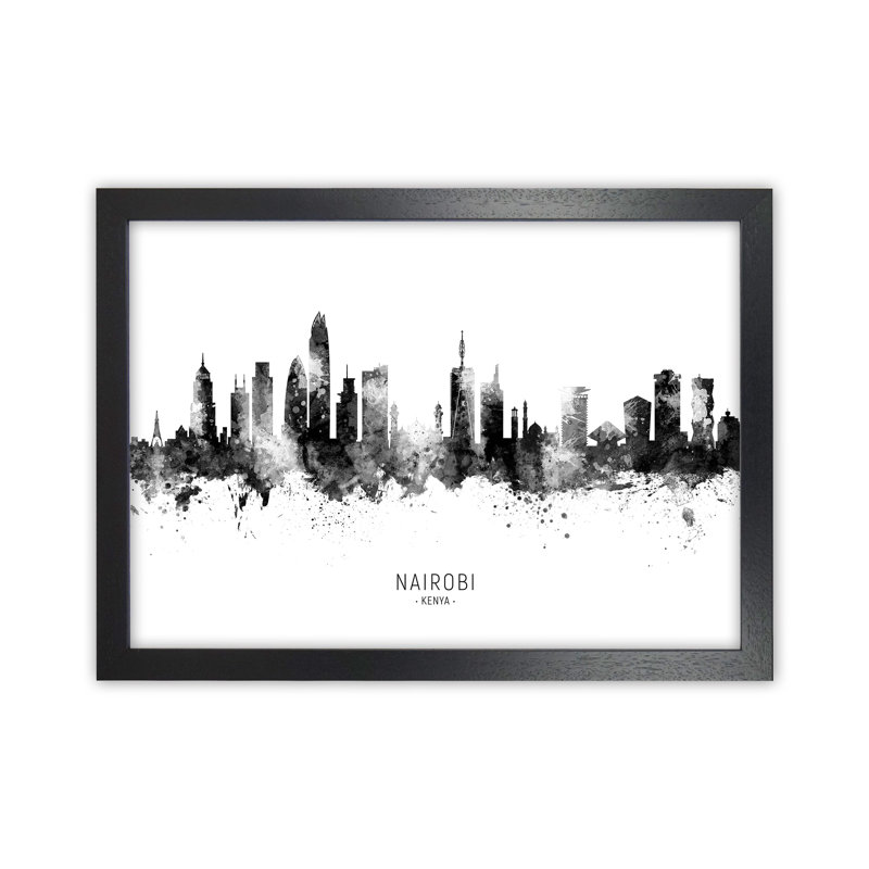 Nairobi Kenya Skyline Black White City Name by Michael Tompsett - Print, 46cm H x 63cm W x 3cm D, Black Framed