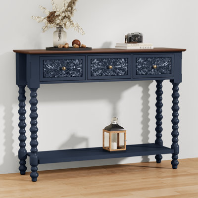 42" Console Table with 3 Drawers and Hand-Carved Botanical Details, Wood Accent Table with Storage and Spindle Legs, Blue