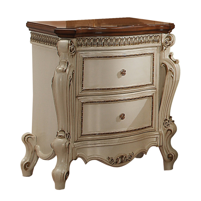 Table de chevet 2 tiroirs, Blanc / Brun