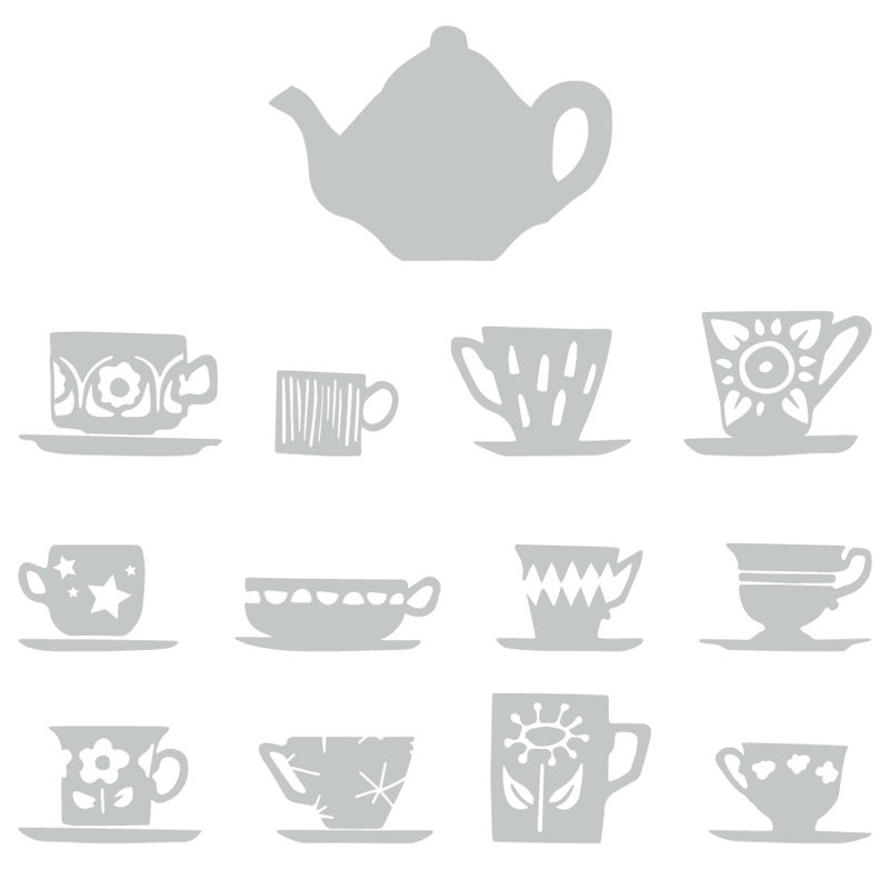 Décalcomanie murale tasses de thé, H 23 po x l 24 po x P 0,01 po, Gris clair