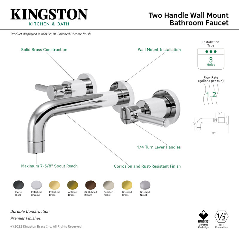Kingston Brass Concord Two-Handle 3-Hole Wall Mount Bathroom Faucet, Brushed Brass