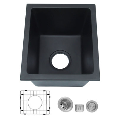LQS 13''L X 15'' W Granite Composite Undermount Black Bar Sink with Sink Grid and Basket Strainer