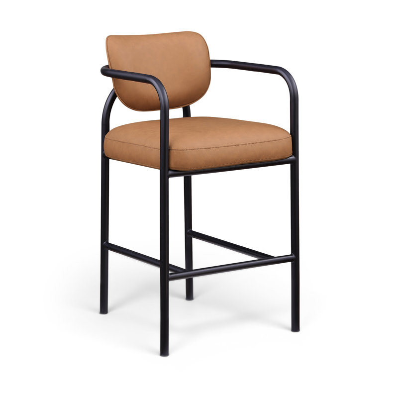Tabouret de bar rembourré en cuir Serava, Cognac