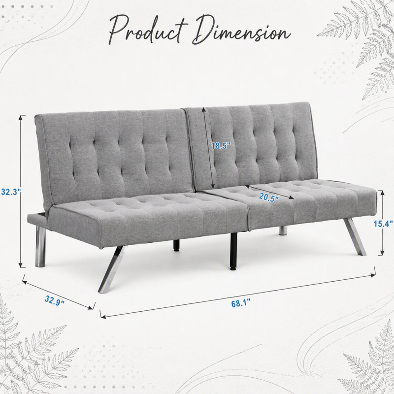 Canapé-lit polyvalent en bois avec pieds en acier inoxydable pour des espaces de vie élégants, Tissu gris
