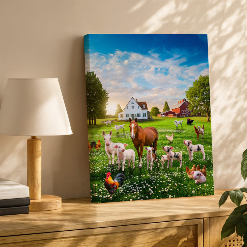 Toile «Vibrant Idyllic Farm Scene Teeming With Life» avec art mural Variété d'animaux de ferme dans un pré luxuriant parsemé d'art sur toile