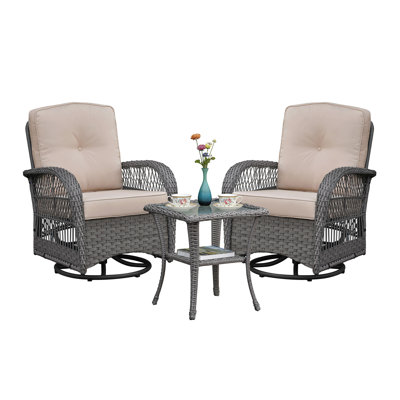 Ensemble de conversation 3 pièces, ensemble bistro de patio pivotant en osier, chaise berçante avec plateau en verre, gris