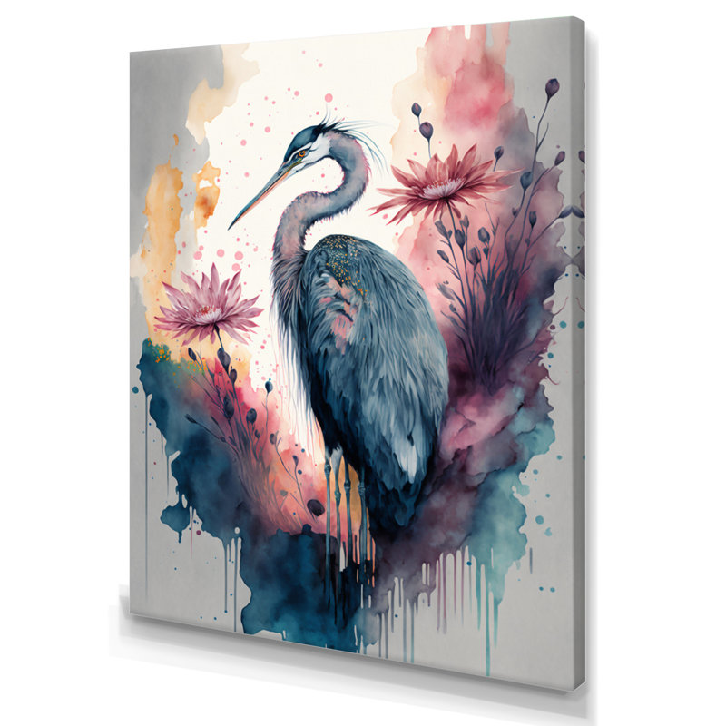 Mignon héron, art floral IV - peinture sur toile, H 20 po x l 12 po x P 1 po, Toile tendue