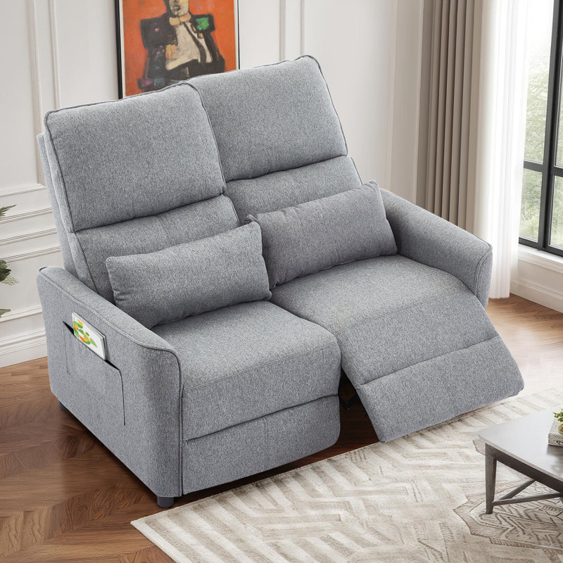 Manual Push Back Reclining Loveseat Sofa For Living Room, Gray Linen