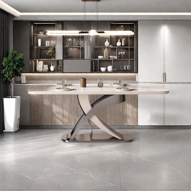 Sintered stone luxurious dining table, 29.53"H x 62.99"L x 31.5"L, White
