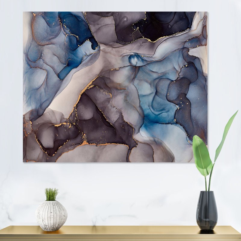 Fluide abstrait gris et bleu - Peinture sur toile, Toile tendue, H 24 po x l 32 po x P 1 po