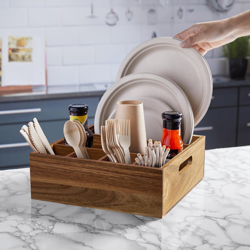 6-Compartment Acacia Wood Utensil Holder – Paper Plate Organizer & Silverware Caddy for Countertop, Holds Plates, Cups, Forks, Spoons – For Kitchen, Camping, Buffet, Party