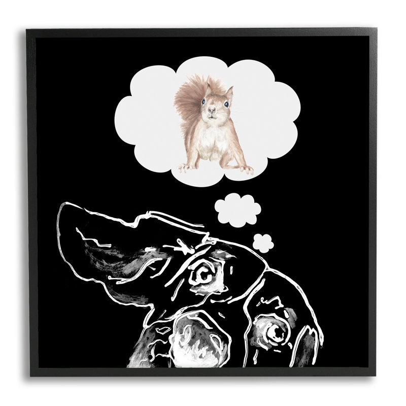 «Funny Dog Dreaming Squirrel Pet» par Patricia Pinto - cadre flottant, impression sur bois, Giclée encadrée noir minuit