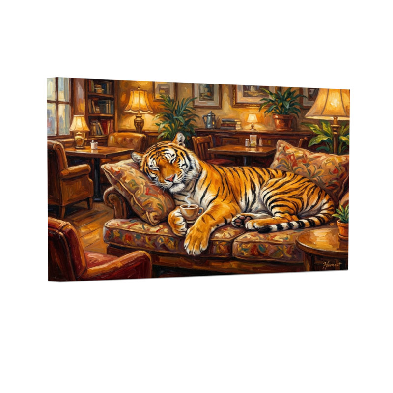Animaux, tigre reposant sur un canapé dans un salon confortable, H 32 po x l 48 po