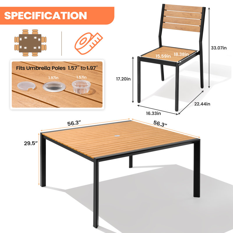 Ensemble repas pour 8 personnes en aluminium avec chaises empilables et trou pour parasol, Brun