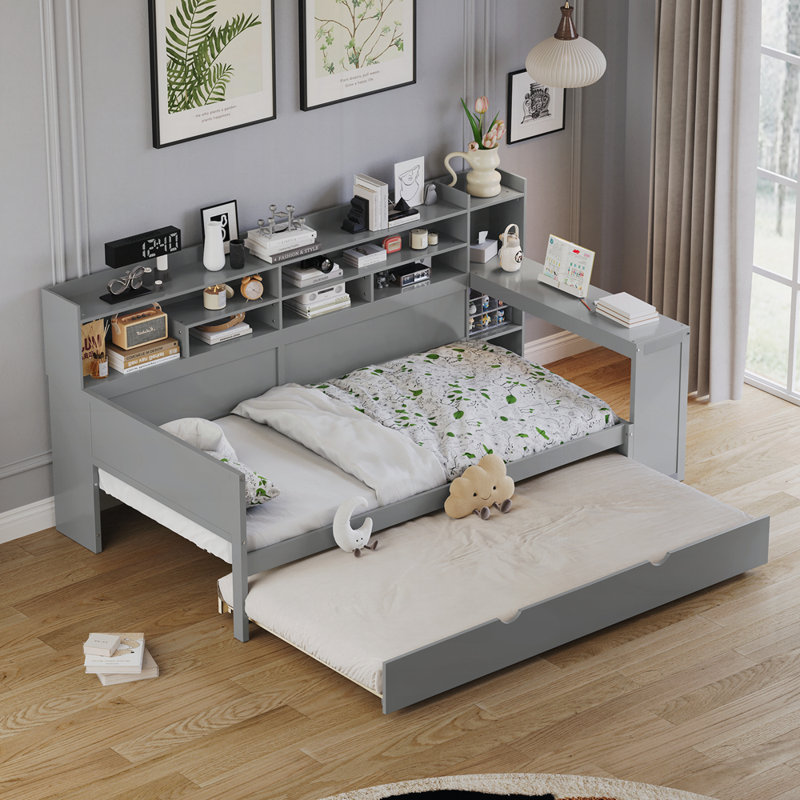 Lit de jour en bois avec tablettes de rangement, Simple