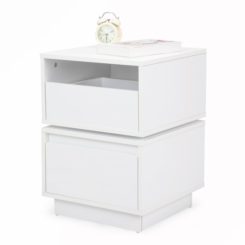 Rotatable Nightstand Table With 2 Drawers, White