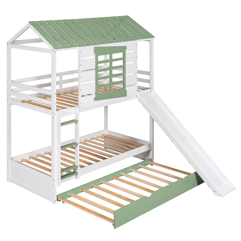 Twin Over Twin Size House Bunk Bed With Convertible Slide And Trundle, White+Green
