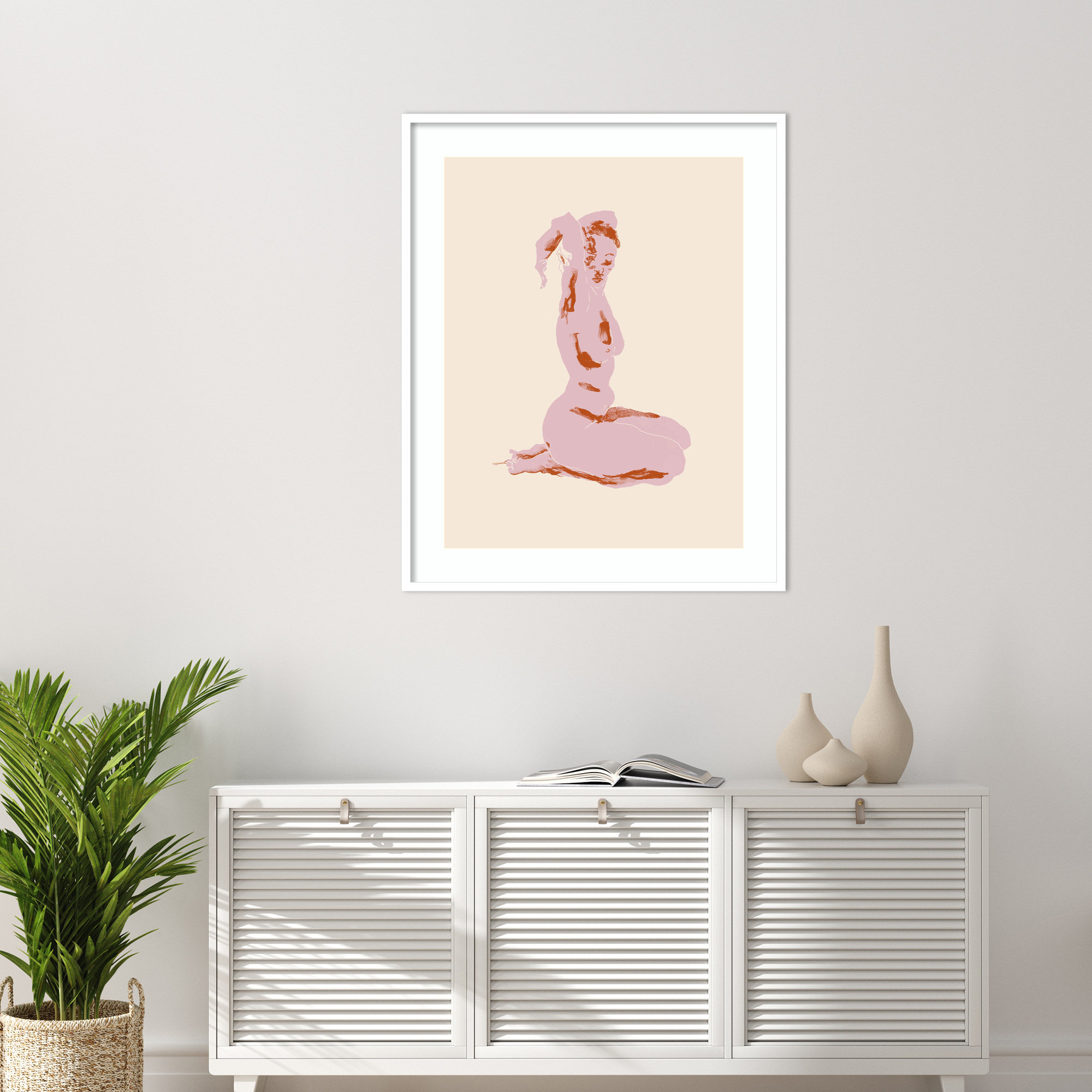 Nude With Arms Folded Over Her Head by Nantucket Wood Framed Wall Art Print, 41" H x 33" W, White