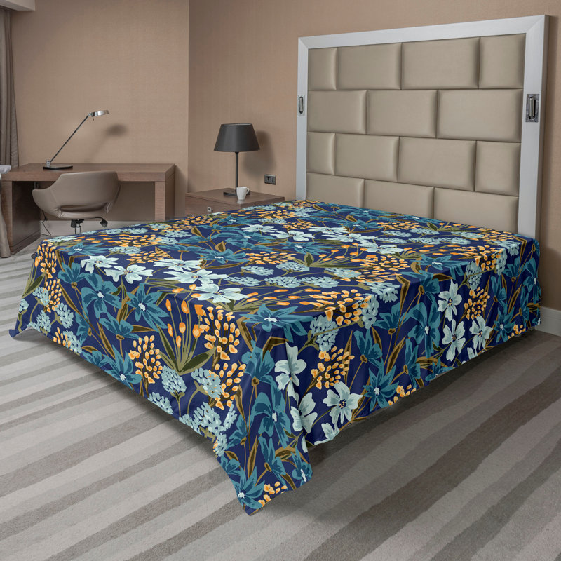 Floral Flat Sheet, Pale Orange and Indigo