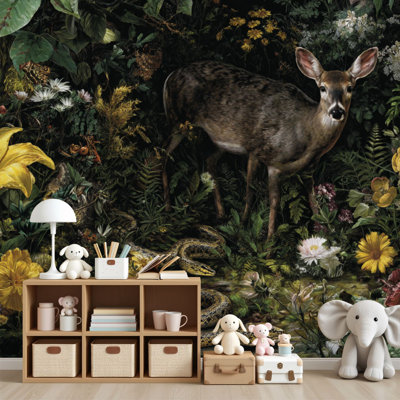 Peel and Stick Wallpaper Wildlife Scene Serpents Deer Twilight Forest Wall Murals 69"H x 96"W Removable PVC Wall Paper Self-Adhesive Wall Decor for Bedroom Living Room Home Office