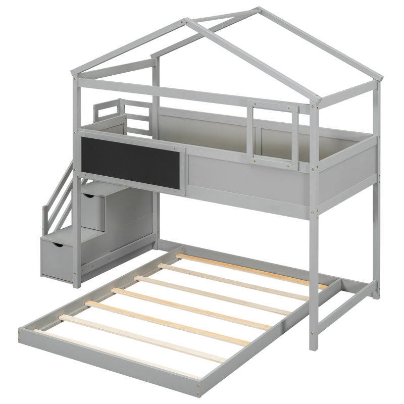Lit simple superposé au-dessus d'un lit double gris avec rangement pratique et option d'escalier pratique, Gris