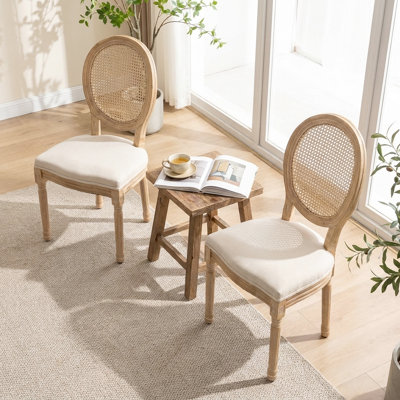 Vintage Inspired Dining Chairs With Solid Wood Frame - Rattan Back, Linen Fabric, Set Of 2