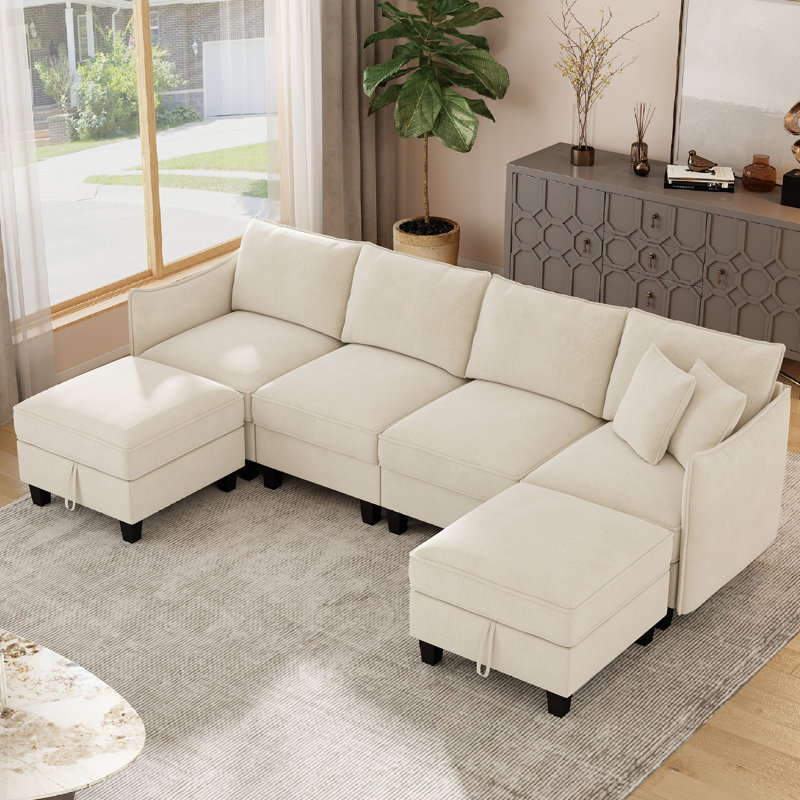 Canapé modulaire en U de 112 po avec deux repose-pieds Esai, Beige