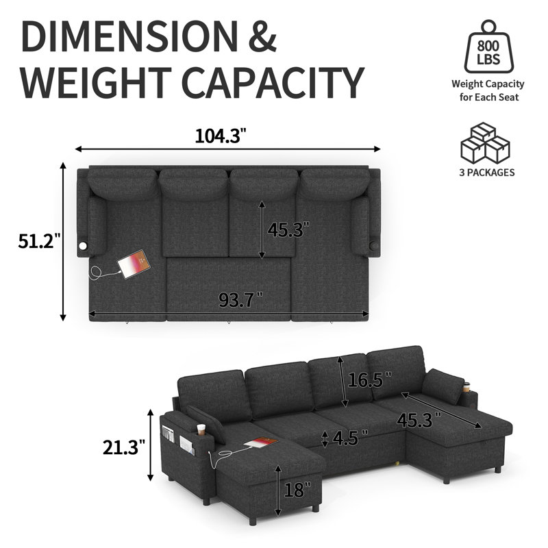 U-shape 2-in-1 Sleeper Sofa Pull-Out Couch with USB Charging, Gray Linen Blend