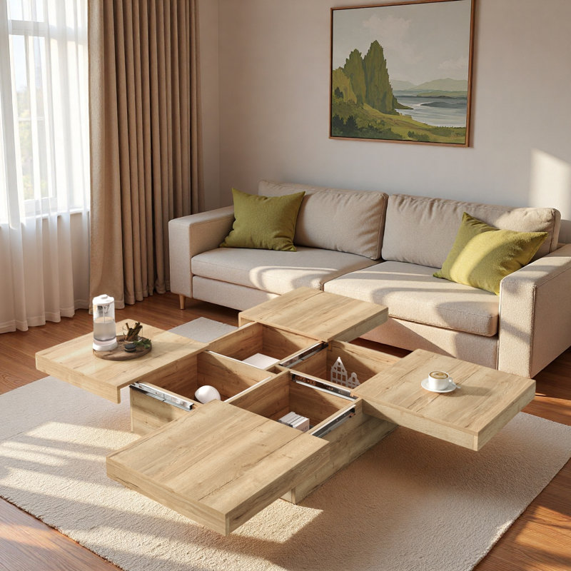 Table basse carrée en placage avec plateau coulissant et beaucoup de rangement