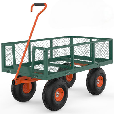 900 LBS Heavy Duty Garden Wagon Cart | 10" Multi-Terrain Tires, 4 Removable Mesh Sides | 180° Swivel Handle Steel Utility Cart for Lawn/Patio/Farm (Green & Orange)