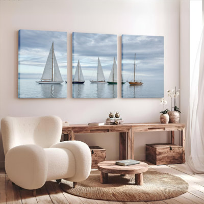 Voiliers sur l'eau calme, reproduction d'art sur toile tendue sur toile, ensemble de 3