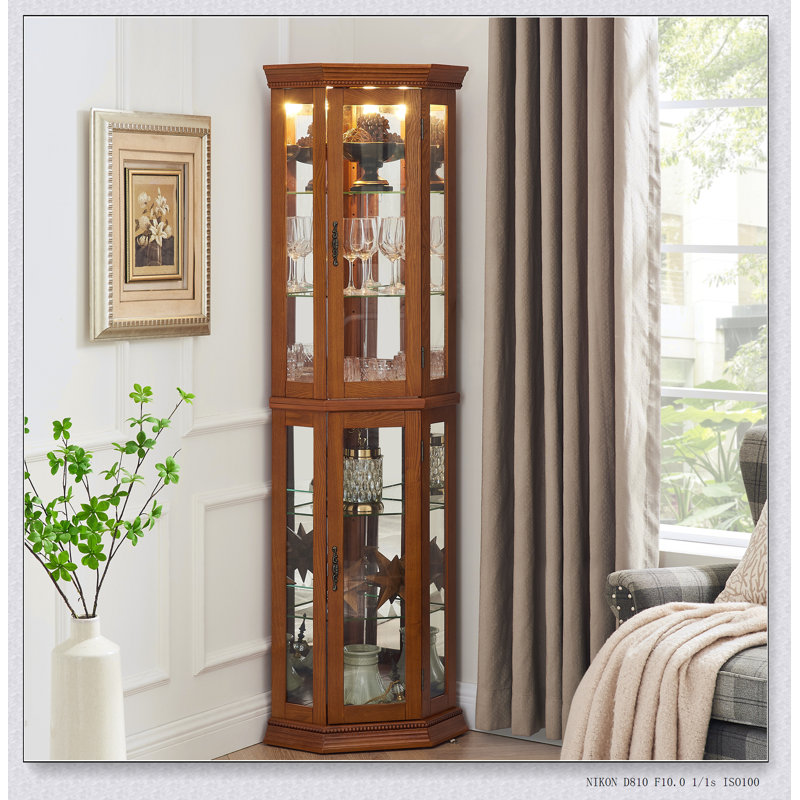 Vitrine de coin avec lumières, tablettes réglables en verre trempé, dos en miroir, vitrine
