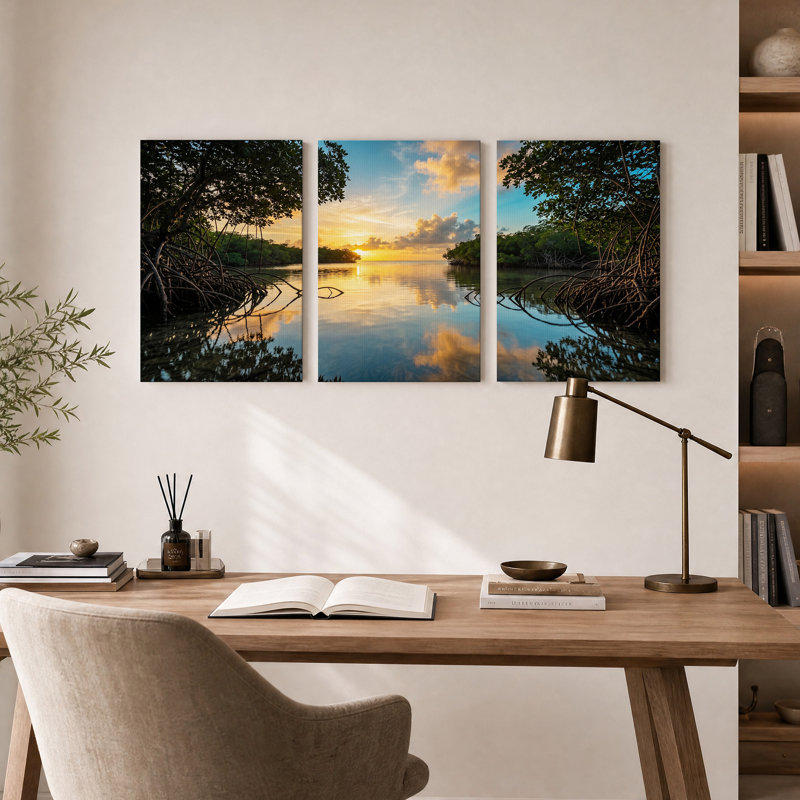 Ensemble de 3 toiles murales « Racines de mangrove encadrant un coucher de soleil doré », 36"H x 24"W x 3pcs