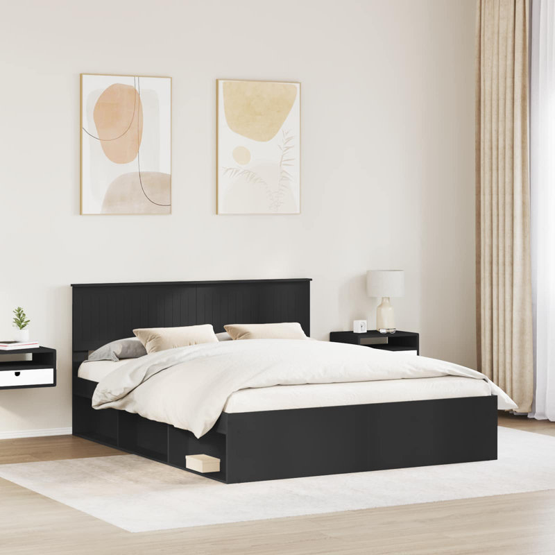 Solid Wood Bed, Black, European Kingsize (160 x 200 cm)