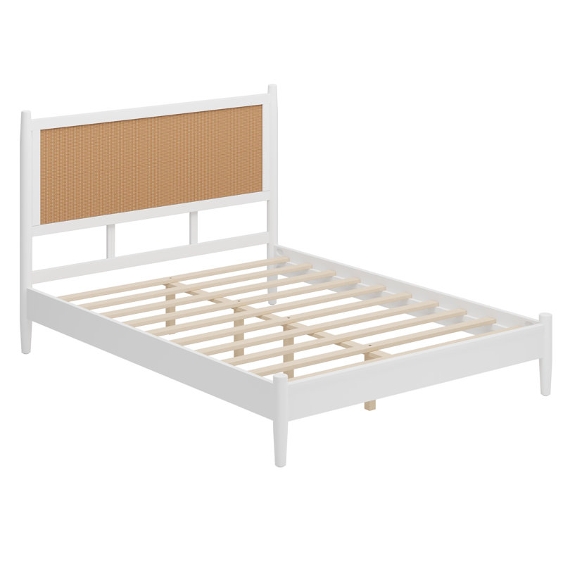 Lit en osier avec support en lattes de bois, cadre de lit plateforme grand style bord de mer avec tête de lit en rotin Boho