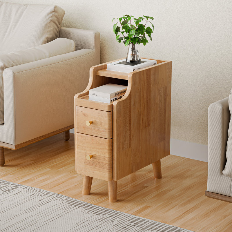 Narrow Nightstand with Drawers, Pre-Assembled Solid Wood Small Skinny Night Stand with Open Sliding Shelf, Oak, Set of 2
