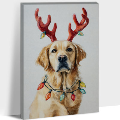 Christmas Dog Wall Art - Reindeer Golden Retriever Christmas Pictures Wall Decor, Holiday Canvas Wall Art Christmas Tree Painting for Living Room Frame Wrapped Canvas Print, 20×30 inches