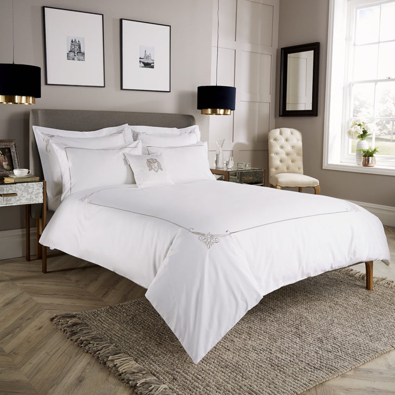600 Thread Count Embroidered Motif Corner Duvet Cover , Grey, King Duvet Cover