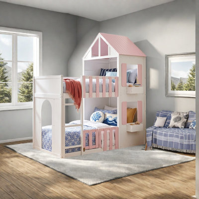 Lits superposés jumeaux avec rangement, en MDF de bois, rose moderne pour la maison