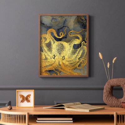 Encre de pieuvre dorée et bleue II, reproduction encadrée - bois massif