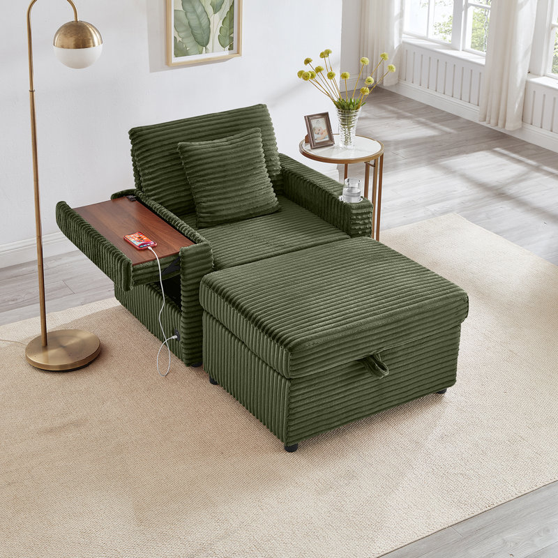 Corduroy Chaise Lounge Chair Indoor with Hidden-Armrest Table &Storage Ottoman,Upholstered Oversized Accent Chair with USB Charge Ports&Cup Holder, Comfy Reading Sofa Chairs for Living Room,Bedroom