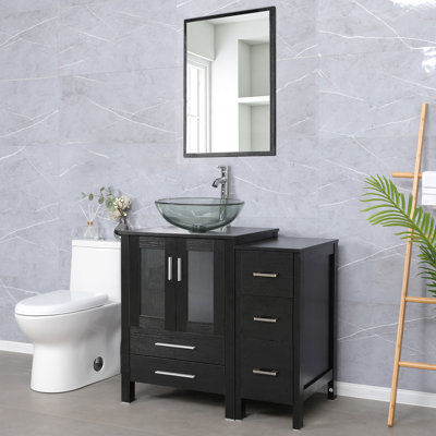  Ensemble de meuble-lavabo simple 36 po avec lavabo en verre, robinet économiseur d'eau, bonde escamotable