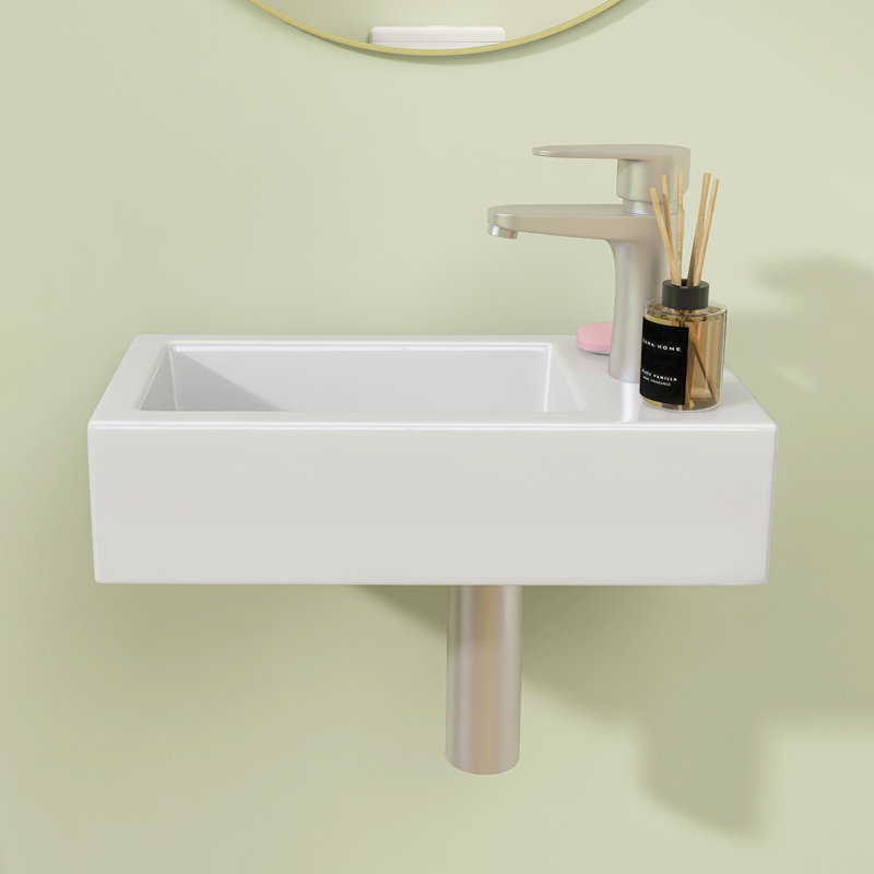 14.56" W X 7.63" D Wall-Mounted Ceramic Bathroom Sink Small Rectangular Wall Hung Sink RV White Floating Vessel Sink with a Right Faucet Hole