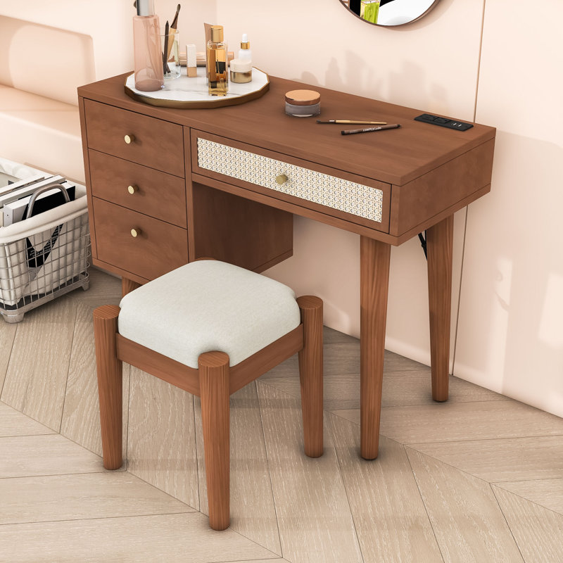 Ensemble coiffeuse bohème avec tiroirs de rangement, ports USB, prise de recharge et tabouret, Noir