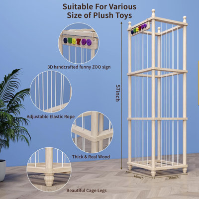 Organisateur de rangement de jouets en bois pour animaux en peluche, conception améliorée du filet de hamac en peluche pour hamac pour animaux, grand coffre à jouets pour animaux dans la chambre de la chambre de bébé (XL)